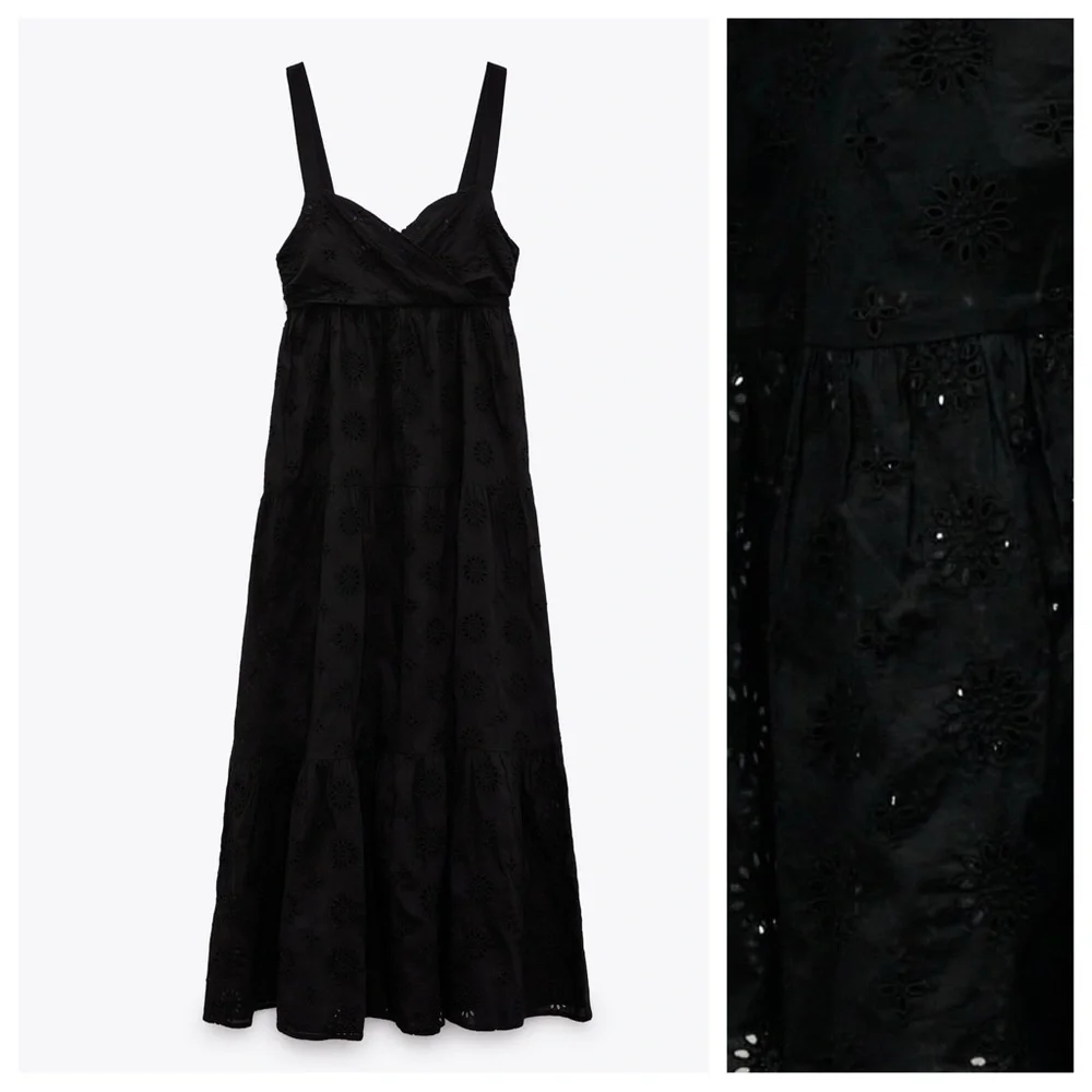 NWT. Zara Black Openwork Crossover V-neck Midi Tank Dress. Size S. - Picture 7 of 13